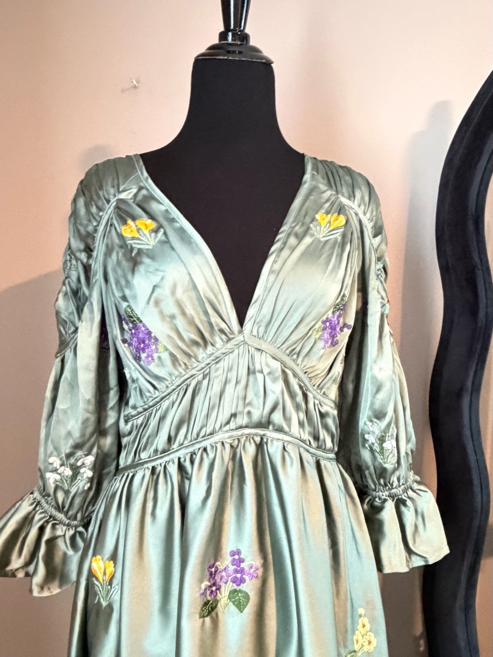 ASOS DESIGN Embroidered Bodice Satin Bias Maxi Dress - Olive / Sage Green US 8 - Picture 4 of 12